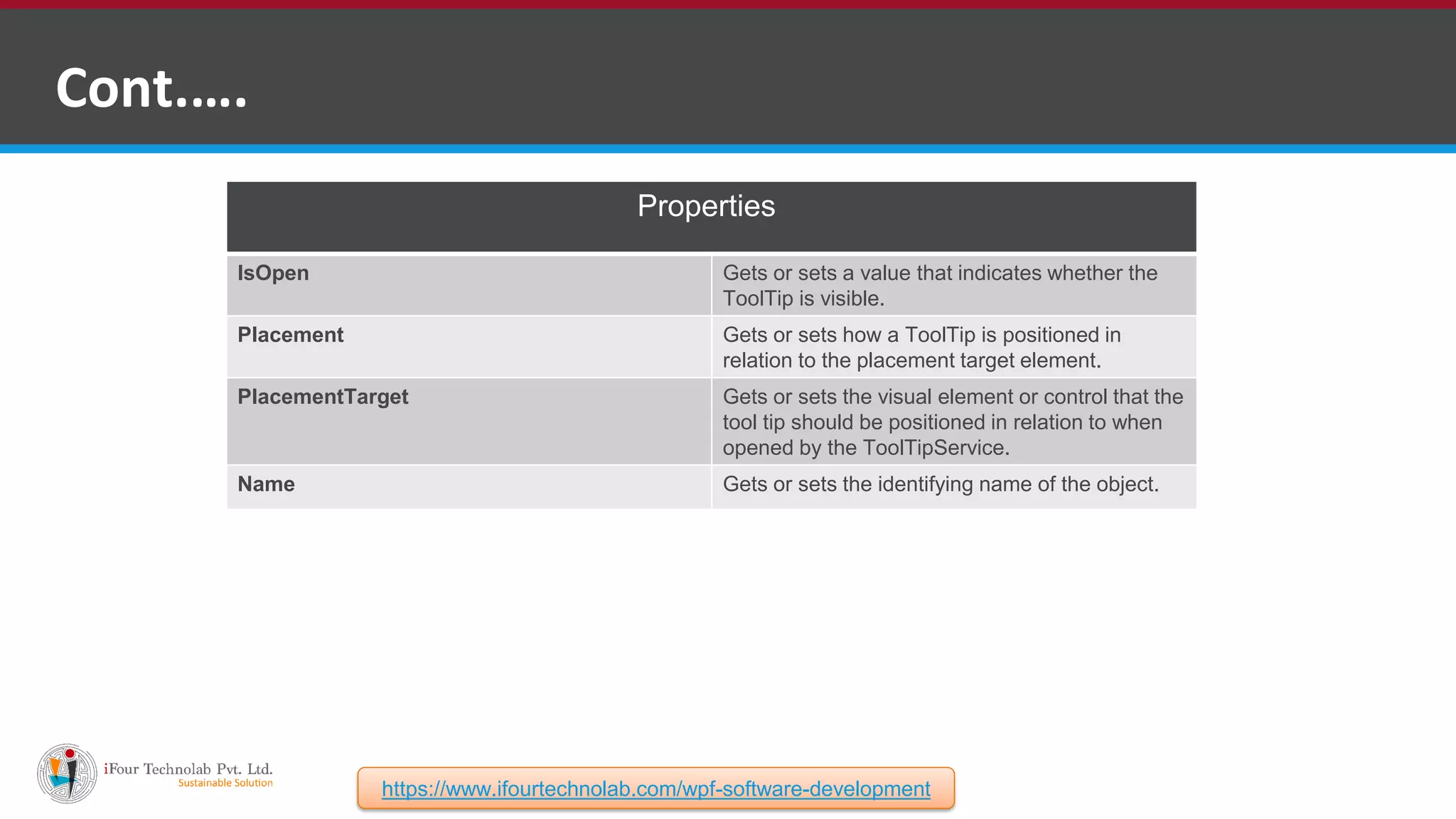 Cont.…. Properties IsOpen Gets or sets a value that indicates whether the ToolTip is visible. Placement Gets or sets how a ToolTip is positioned in relation to the placement target element. PlacementTarget Gets or sets the visual element or control that the tool tip should be positioned in relation to when opened by the ToolTipService. Name Gets or sets the identifying name of the object. https://www.ifourtechnolab.com/wpf-software-development 
