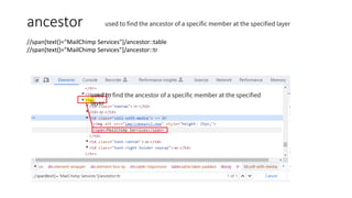 ancestor
//span[text()="MailChimp Services"]/ancestor::table
//span[text()="MailChimp Services"]/ancestor::tr
used to find the ancestor of a specific member at the specified
layer
used to find the ancestor of a specific member at the specified layer
 