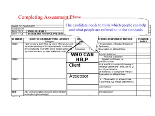 Completing Assessment Plans
                    The candidate needs to think which people can help
                      and what people are referred to in the standards
 