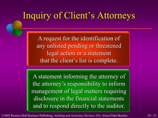 Inquiry of Client’s Attorneys 
A request for the identification of 
any unlisted pending or threatened 
legal action or a statement 
that the client’s list is complete. 
A statement informing the attorney of 
the attorney’s responsibility to inform 
management of legal matters requiring 
disclosure in the financial statements 
and to respond directly to the auditor. 
©2005 Prentice Hall Business Publishing, Auditing and Assurance Services 10/e, Arens/Elder/Beasley 24 - 12 
 