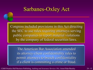 Sarbanes-Oxley Act 
Congress included provisions in this Act directing 
the SEC to use rules requiring attorneys serving 
public companies to report material violations 
by the company of federal securities laws. 
The American Bar Association amended 
its attorney-client confidentiality rules to 
permit attorneys to breach confidentiality 
if a client is committing a crime or fraud. 
©2005 Prentice Hall Business Publishing, Auditing and Assurance Services 10/e, Arens/Elder/Beasley 24 - 13 
 