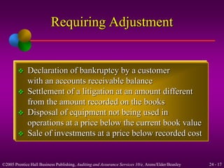 Requiring Adjustment 
 Declaration of bankruptcy by a customer 
with an accounts receivable balance 
 Settlement of a litigation at an amount different 
from the amount recorded on the books 
 Disposal of equipment not being used in 
operations at a price below the current book value 
 Sale of investments at a price below recorded cost 
©2005 Prentice Hall Business Publishing, Auditing and Assurance Services 10/e, Arens/Elder/Beasley 24 - 17 
 
