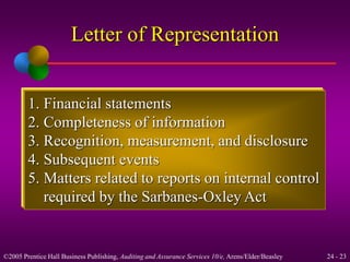 Letter of Representation 
1. Financial statements 
2. Completeness of information 
3. Recognition, measurement, and disclosure 
4. Subsequent events 
5. Matters related to reports on internal control 
required by the Sarbanes-Oxley Act 
©2005 Prentice Hall Business Publishing, Auditing and Assurance Services 10/e, Arens/Elder/Beasley 24 - 23 
 