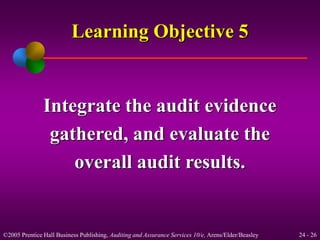 Learning Objective 5 
Integrate the audit evidence 
gathered, and evaluate the 
overall audit results. 
©2005 Prentice Hall Business Publishing, Auditing and Assurance Services 10/e, Arens/Elder/Beasley 24 - 26 
 