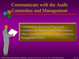 Communicate with the Audit 
Committee and Management 
Communicate fraud and illegal acts 
Communicate internal control deficiencies 
Other communication with audit committee 
Management letters 
©2005 Prentice Hall Business Publishing, Auditing and Assurance Services 10/e, Arens/Elder/Beasley 24 - 36 
 