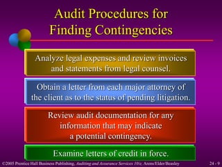 Audit Procedures for 
Finding Contingencies 
Analyze legal expenses and review invoices 
and statements from legal counsel. 
Obtain a letter from each major attorney of 
the client as to the status of pending litigation. 
Review audit documentation for any 
information that may indicate 
a potential contingency. 
Examine letters of credit in force. 
©2005 Prentice Hall Business Publishing, Auditing and Assurance Services 10/e, Arens/Elder/Beasley 24 - 9 
 