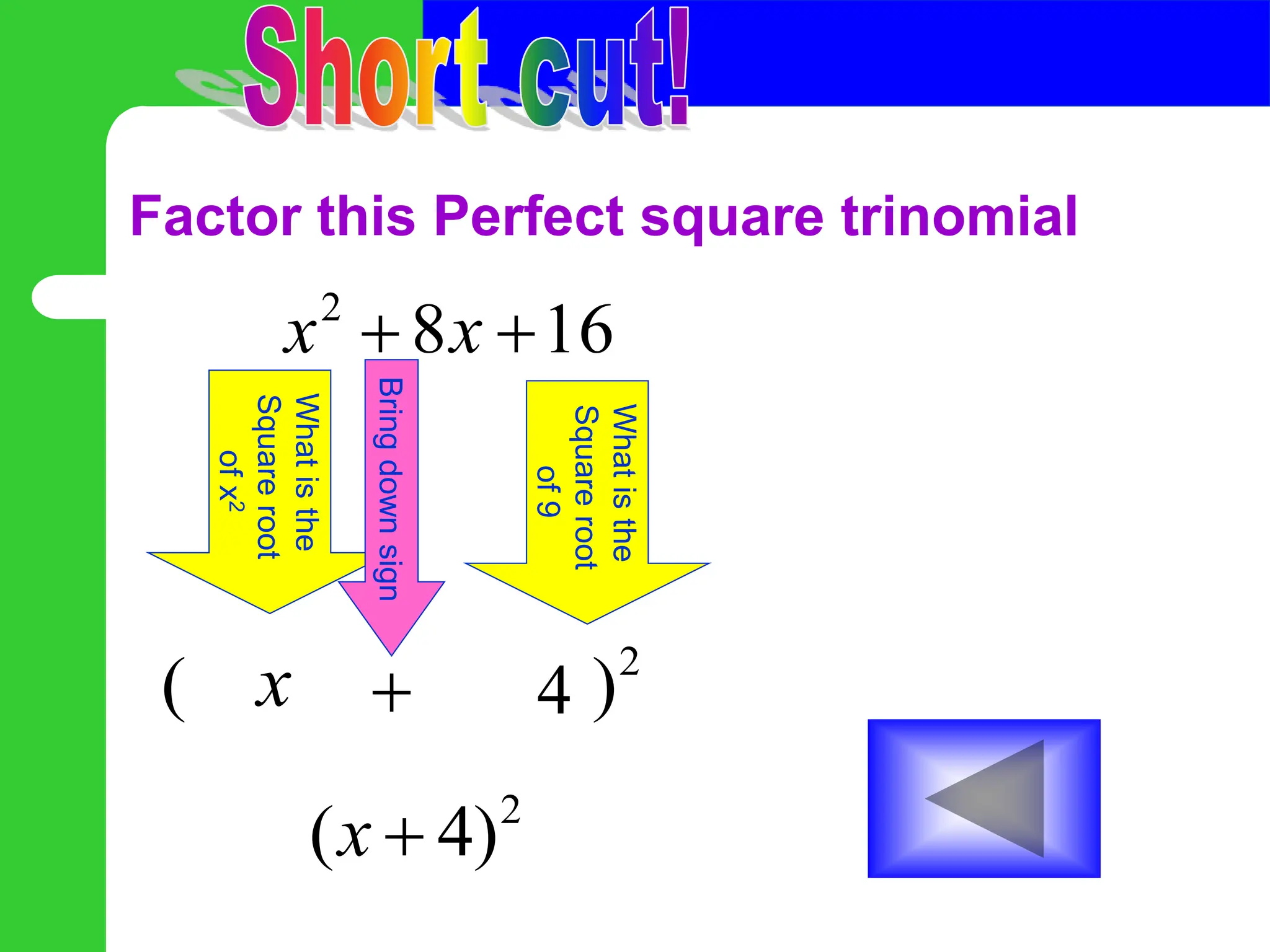 Factor this Perfect square trinomial
2
8 16
x x
 
What
is
the
Square
root
of
x
2
2
( )
x
Bring
down
sign
 4
What
is
the
Square
root
of
9
2
( 4)
x 
 