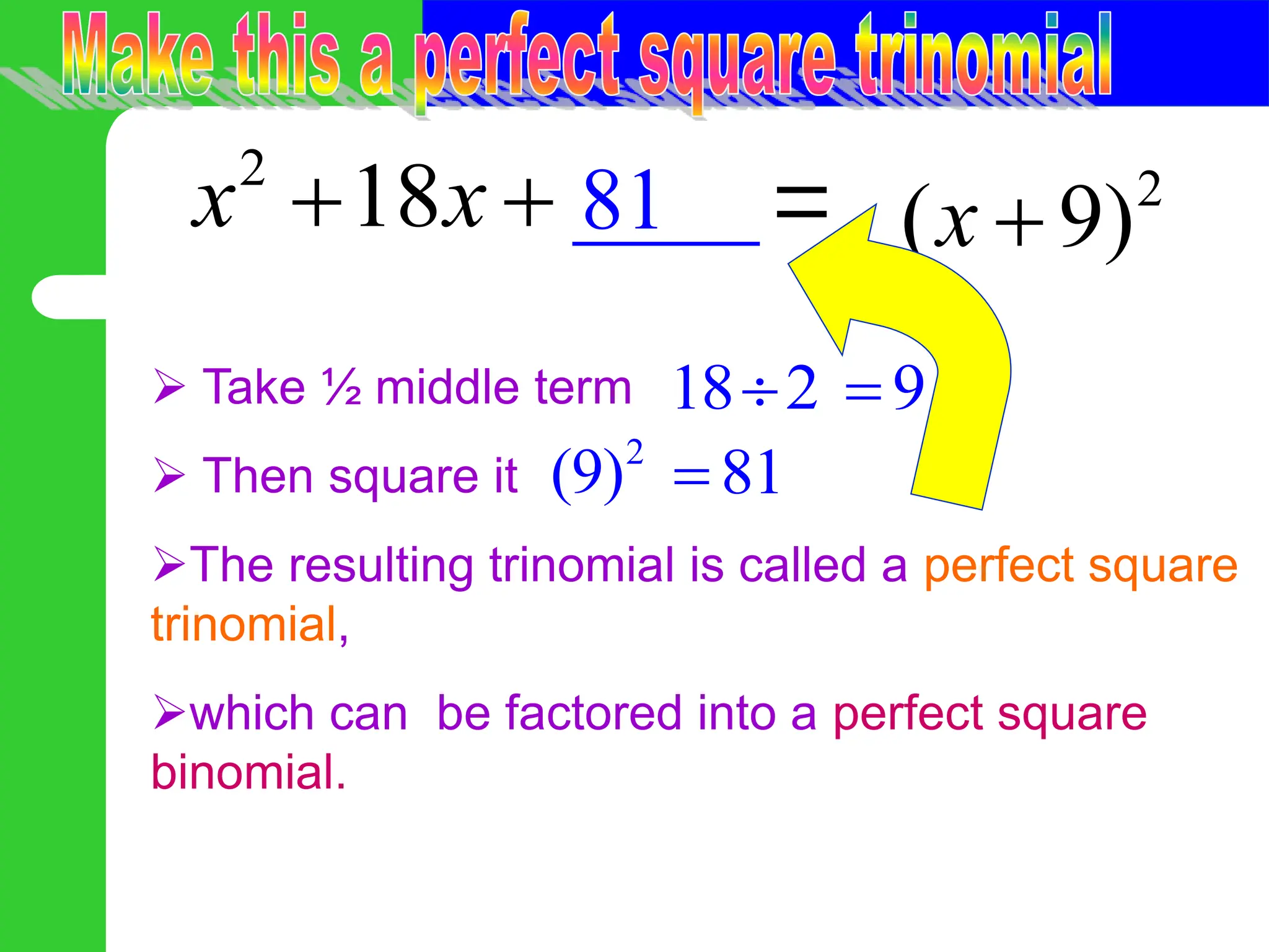  Take ½ middle term
 Then square it
The resulting trinomial is called a perfect square
trinomial,
which can be factored into a perfect square
binomial.
2
_ _
18 _ _
x x
 
18 2
 9

2
(9) 81

81 2
( 9)
x 

 