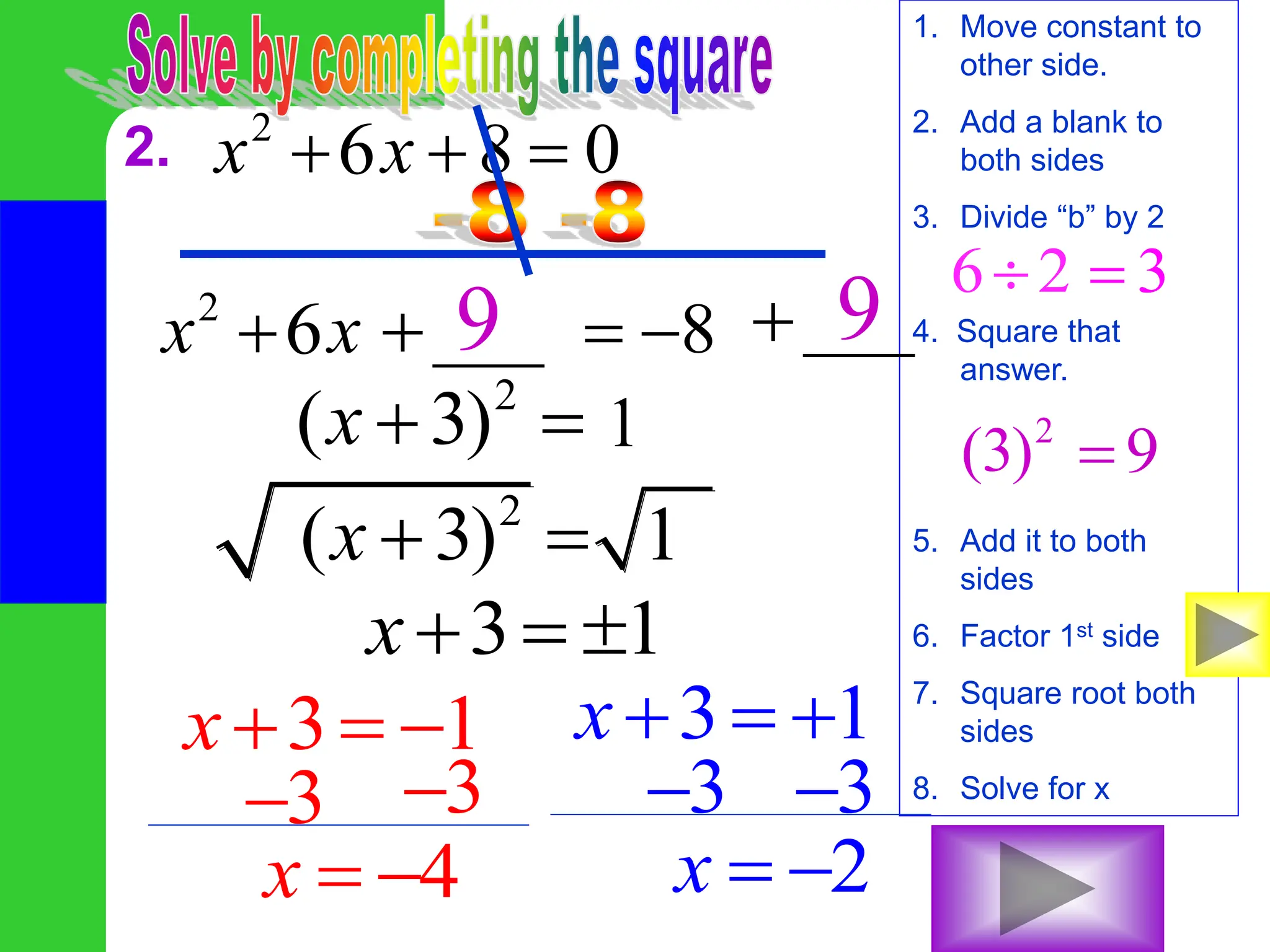 2. 2
8 0
x x
  
1. Move constant to
other side.
2. Add a blank to
both sides
3. Divide “b” by 2
4. Square that
answer.
5. Add it to both
sides
6. Factor 1st side
7. Square root both
sides
8. Solve for x
2
8
x x
  
___
 ___

6 2
 3

2
(3) 9

9 9
2
( 3)
x   1
2
( 3) 1
x  
3 1
x  
3 1
x   3 1
x  
3
 3

4
x  
3
 3

2
x  
6
6
 