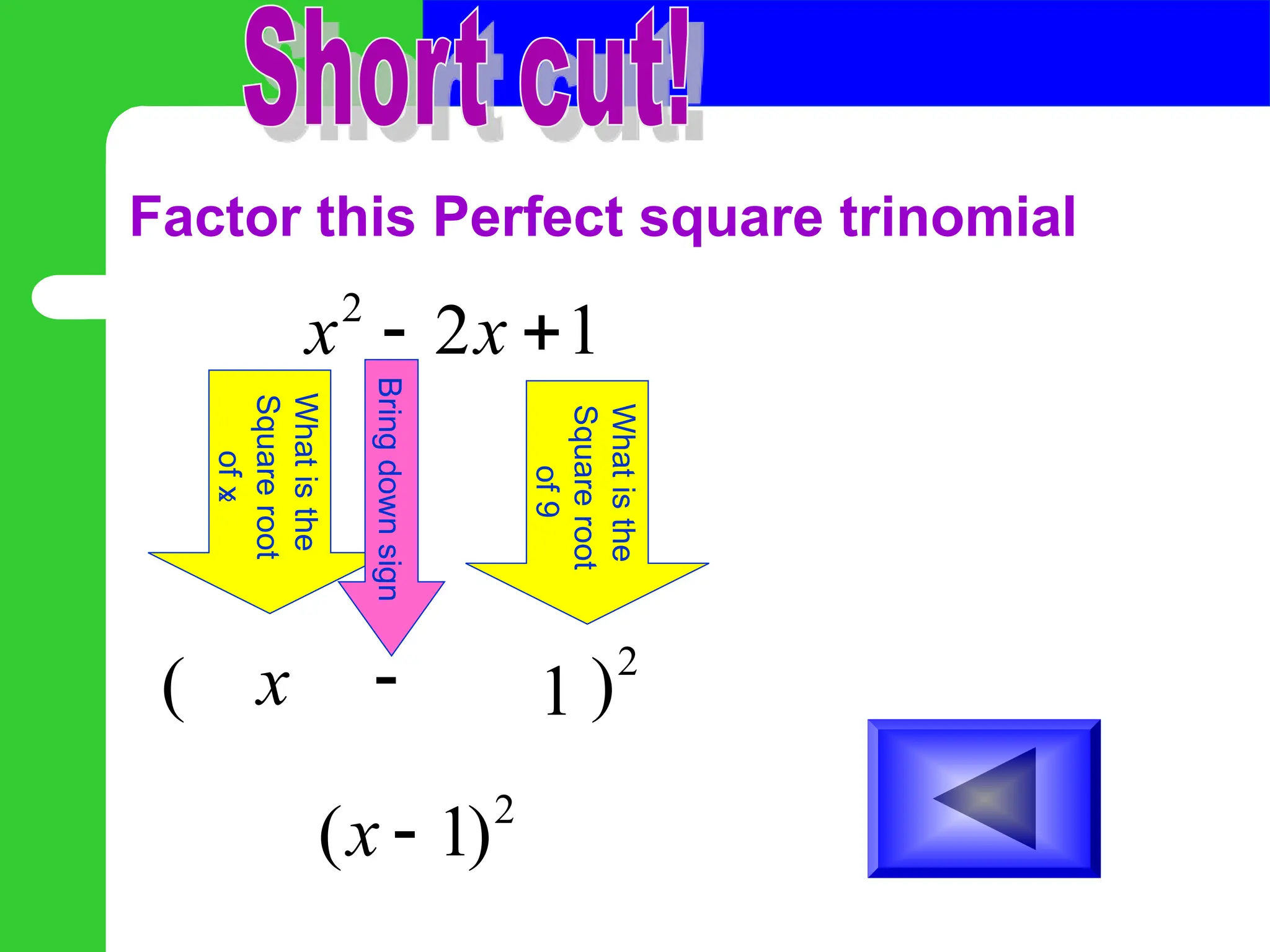 Factor this Perfect square trinomial
2
2 1
x x
 
What
is
the
Square
root
of
x
2
2
( )
x
Bring
down
sign
 1
What
is
the
Square
root
of
9
2
( 1)
x 
 