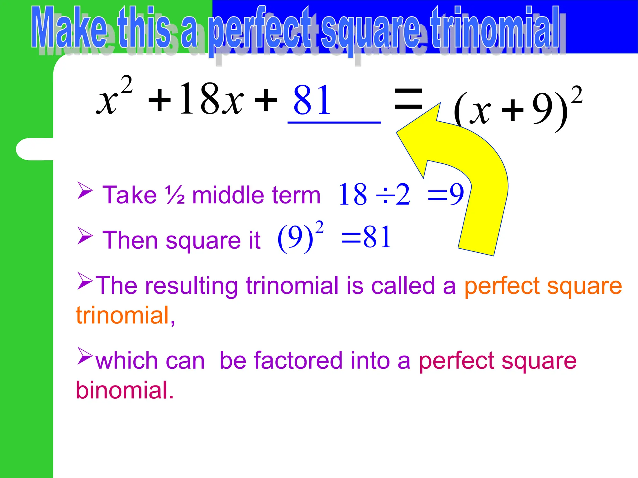  Take ½ middle term
 Then square it
The resulting trinomial is called a perfect square
trinomial,
which can be factored into a perfect square
binomial.
2
_ _
18 _ _
x x
 
18 2
 9

2
(9) 81

81 2
( 9)
x 

 