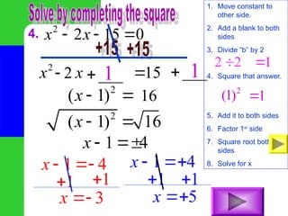 4. 2
2 15 0
x x
  
1. Move constant to
other side.
2. Add a blank to both
sides
3. Divide “b” by 2
4. Square that answer.
5. Add it to both sides
6. Factor 1st
side
7. Square root both
sides
8. Solve for x
2
15
x x 
___
 ___

2 2
 1

2
(1) 1

1 1
2
( 1)
x   16
2
( 1) 16
x  
1 4
x  
1 4
x   1 4
x  
1
 1

3
x 
1
 1

5
x 
2

 