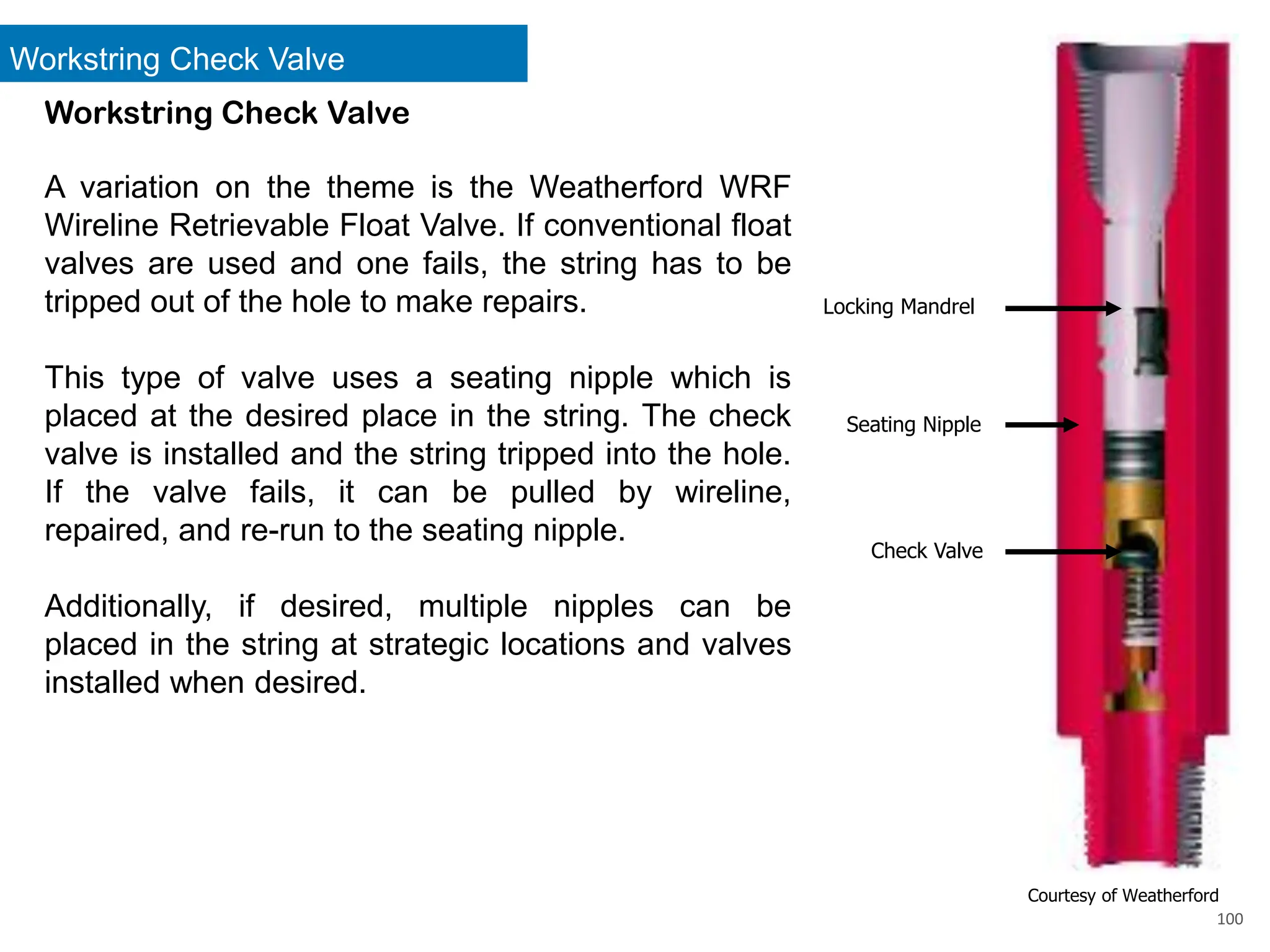 Workstring Check Valve
100
Courtesy of Weatherford
A variation on the theme is the Weatherford WRF
Wireline Retrievable Float Valve. If conventional float
valves are used and one fails, the string has to be
tripped out of the hole to make repairs.
This type of valve uses a seating nipple which is
placed at the desired place in the string. The check
valve is installed and the string tripped into the hole.
If the valve fails, it can be pulled by wireline,
repaired, and re-run to the seating nipple.
Additionally, if desired, multiple nipples can be
placed in the string at strategic locations and valves
installed when desired.
Seating Nipple
Locking Mandrel
Check Valve
Workstring Check Valve
 