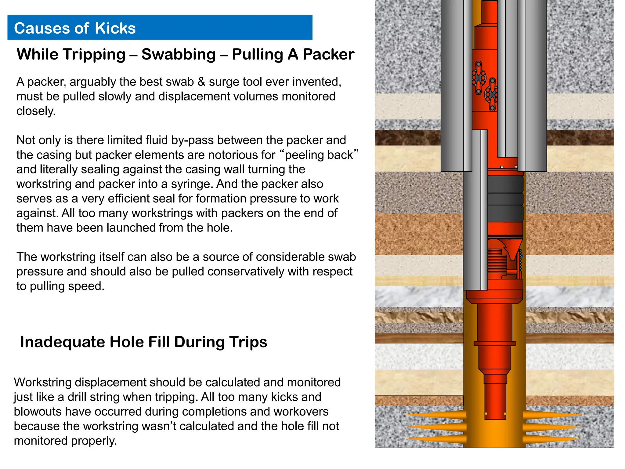 Completion/Workover Well Control: 103
Causes of Kicks
While Tripping – Swabbing – Pulling A Packer
Inadequate Hole Fill During Trips
A packer, arguably the best swab & surge tool ever invented,
must be pulled slowly and displacement volumes monitored
closely.
Not only is there limited fluid by-pass between the packer and
the casing but packer elements are notorious for “peeling back”
and literally sealing against the casing wall turning the
workstring and packer into a syringe. And the packer also
serves as a very efficient seal for formation pressure to work
against. All too many workstrings with packers on the end of
them have been launched from the hole.
The workstring itself can also be a source of considerable swab
pressure and should also be pulled conservatively with respect
to pulling speed.
Workstring displacement should be calculated and monitored
just like a drill string when tripping. All too many kicks and
blowouts have occurred during completions and workovers
because the workstring wasn’t calculated and the hole fill not
monitored properly.
 