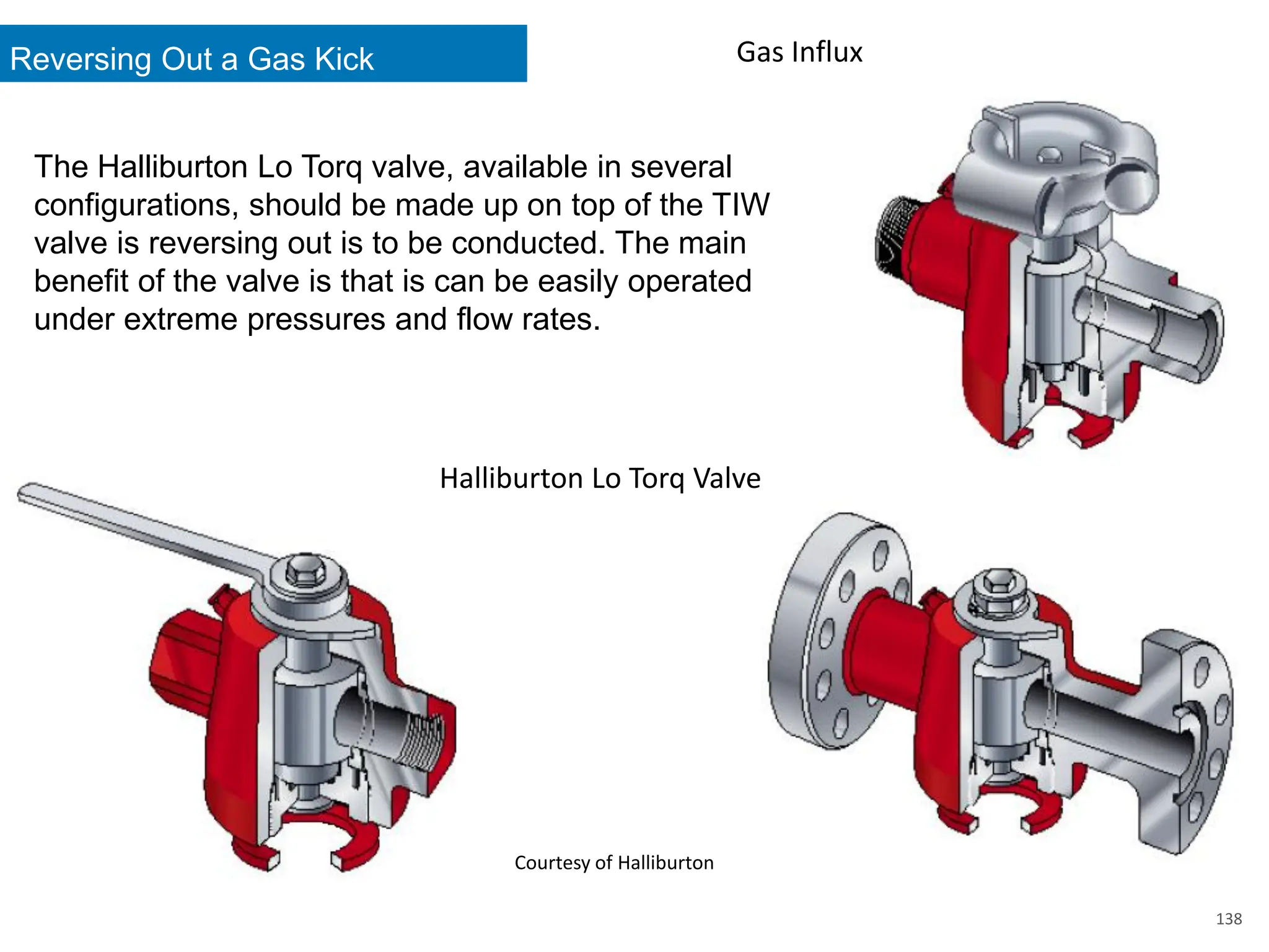 Reversing Out a Gas Kick
138
Gas Influx
The Halliburton Lo Torq valve, available in several
configurations, should be made up on top of the TIW
valve is reversing out is to be conducted. The main
benefit of the valve is that is can be easily operated
under extreme pressures and flow rates.
Courtesy of Halliburton
Halliburton Lo Torq Valve
 