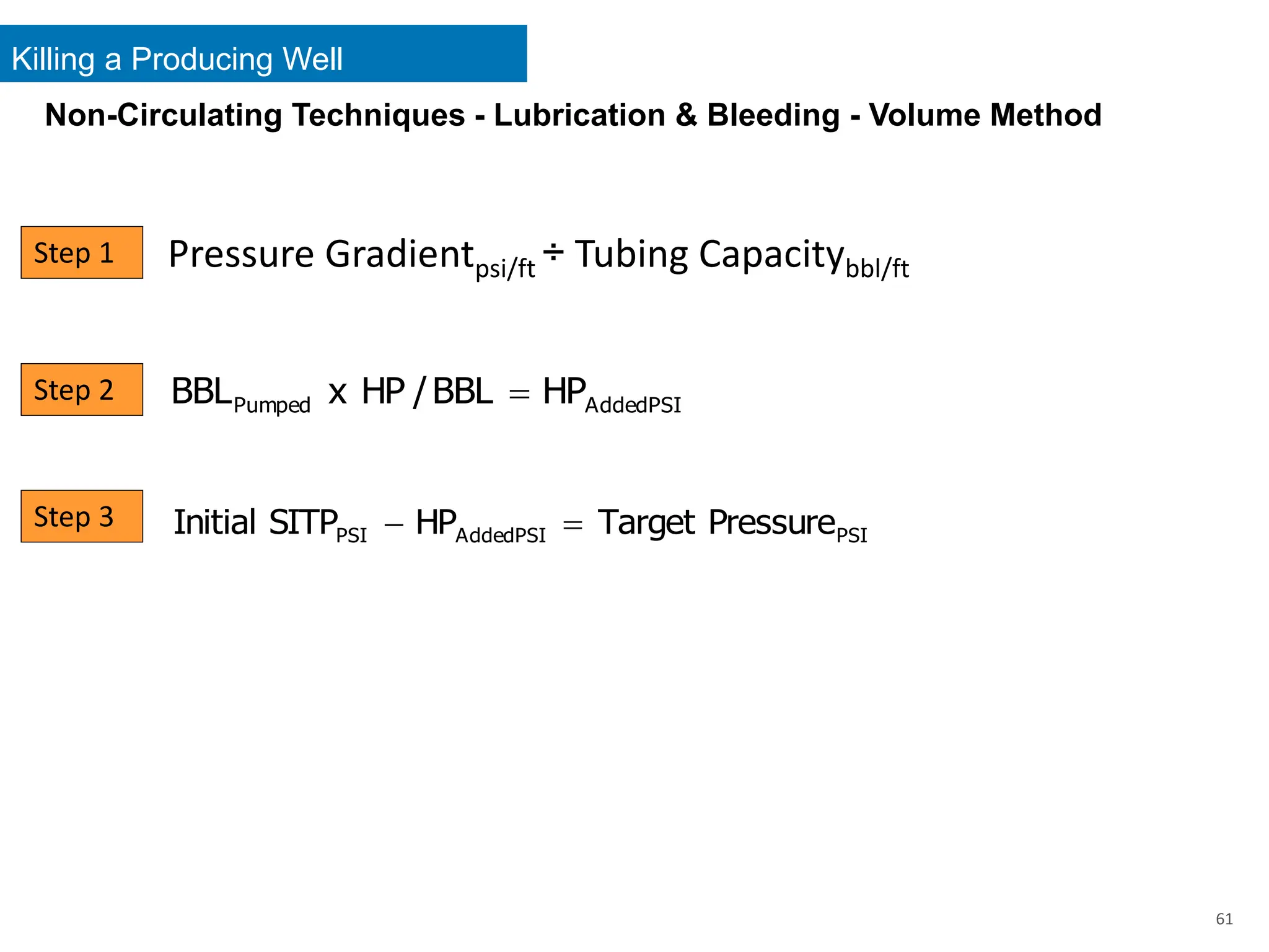 Killing a Producing Well
61
PSI
Added
Pumped HP
BBL
/
HP
x
BBL =
PSI
PSI
Added
PSI Pressure
Target
HP
SITP
Initial =
−
Step 1
Step 2
Step 3
Pressure Gradientpsi/ft ÷ Tubing Capacitybbl/ft
Non-Circulating Techniques - Lubrication & Bleeding - Volume Method
 