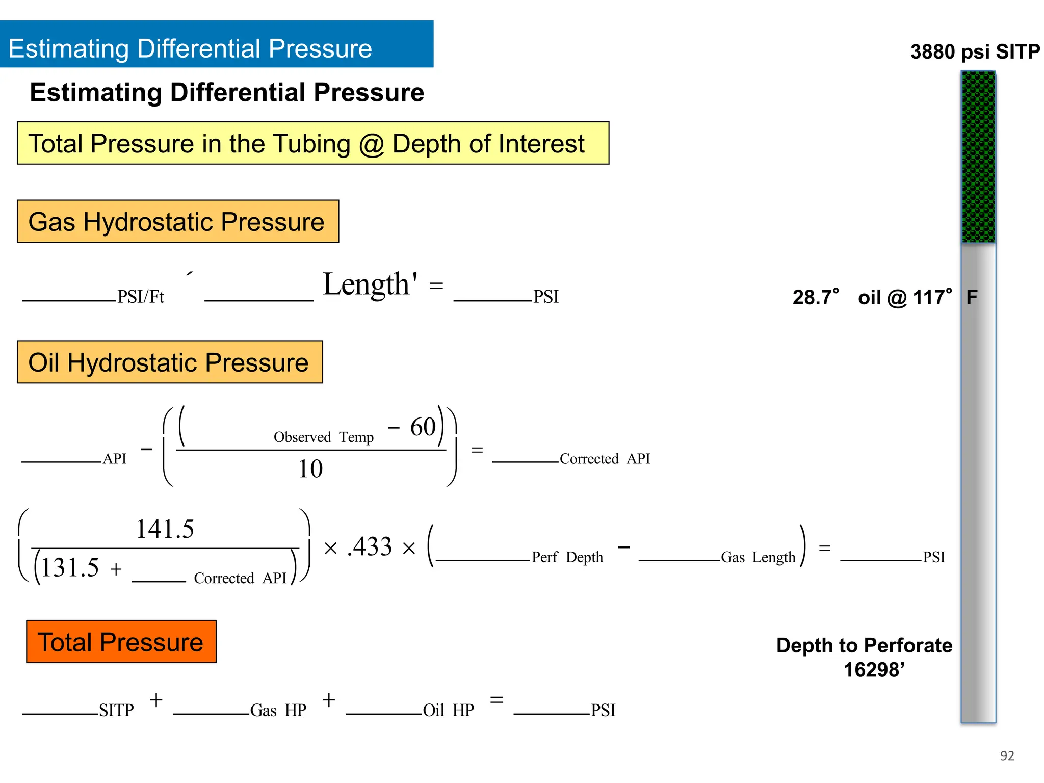 Estimating Differential Pressure
92
Estimating Differential Pressure
Total Pressure in the Tubing @ Depth of Interest
Gas Hydrostatic Pressure
Oil Hydrostatic Pressure
Total Pressure
______PSI/Ft ´ _______ Length' = _____PSI
______API -
Observed Temp - 60
( )
10
æ
è
ç
ö
ø
÷ = _____Corrected API
141.5
131.5 + ____ Corrected API
( )
æ
è
ç
ö
ø
÷ ´ .433 ´ _______Perf Depth - ______Gas Length
( ) = ______PSI
_____SITP + _____Gas HP + _____Oil HP = _____PSI
3880 psi SITP
28.7° oil @ 117°F
Depth to Perforate
16298’
 