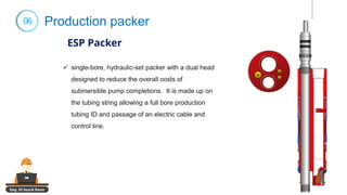 Eng. El Sayed Amer
06 Production packer
ESP Packer
✓ single-bore, hydraulic-set packer with a dual head
designed to reduce the overall costs of
submersible pump completions. It is made up on
the tubing string allowing a full bore production
tubing ID and passage of an electric cable and
control line.
 