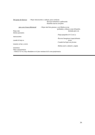 Del grupo de Quercus:     - Hojas marcescentes o caducas, poco coriáceas
                                                   - Reverso tomentoso o pubescente
                                                   - Ramillas nuevas con pelos

        pero con el trazo diferencial:      - Hojas más bien gruesas y con lóbulos no tan
                                                                      profundos y obtusos como Q.humilis.
Hojas más                                                                               dentadas pero sin
dientes punzantes
                                                                      - Hojas pequeñas (4-12 cm.) y
marcescentes
                                                                      - Reverso lanuginoso (especialmente
cuando la hoja es                                                                      joven
                                                                      - Cuando las hojas son jóvenes
tomento en haz y envés
                                                                     - Bellota sésil o subsésil y cúpula
tomentosa
Otras características:
- Árbol (5-25 m.) muy abundante en el piso montano de la zona prepirenaica




                                                                                                           39
 