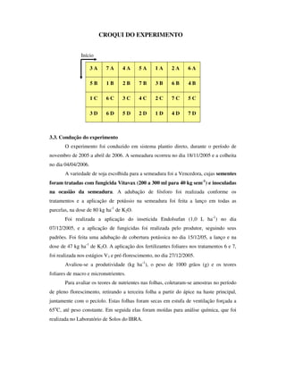 CROQUI DO EXPERIMENTO


               Início

                     3A    7A     4A      5A      1A      2A      6A

                     5B    1B     2B      7B      3B      6B      4B

                     1C    6C     3C      4C      2C      7C      5C

                     3D    6D     5D      2D      1D      4D      7D



3.3. Condução do experimento
       O experimento foi conduzido em sistema plantio direto, durante o período de
novembro de 2005 a abril de 2006. A semeadura ocorreu no dia 18/11/2005 e a colheita
no dia 04/04/2006.
       A variedade de soja escolhida para a semeadura foi a Vencedora, cujas sementes
foram tratadas com fungicida Vitavax (200 a 300 ml para 40 kg sem-1) e inoculadas
na ocasião da semeadura. A adubação de fósforo foi realizada conforme os
tratamentos e a aplicação de potássio na semeadura foi feita a lanço em todas as
parcelas, na dose de 80 kg ha-1 de K2O.
       Foi realizada a aplicação do inseticida Endolsufan (1,0 L ha-1) no dia
07/12/2005, e a aplicação de fungicidas foi realizada pelo produtor, seguindo seus
padrões. Foi feita uma adubação de cobertura potássica no dia 15/12/05, a lanço e na
dose de 47 kg ha-1 de K2O. A aplicação dos fertilizantes foliares nos tratamentos 6 e 7,
foi realizada nos estágios V3 e pré-florescimento, no dia 27/12/2005.
       Avaliou-se a produtividade (kg ha-1), o peso de 1000 grãos (g) e os teores
foliares de macro e micronutrientes.
       Para avaliar os teores de nutrientes nas folhas, coletaram-se amostras no período
de pleno florescimento, retirando a terceira folha a partir do ápice na haste principal,
juntamente com o pecíolo. Estas folhas foram secas em estufa de ventilação forçada a
65oC, até peso constante. Em seguida elas foram moídas para análise química, que foi
realizada no Laboratório de Solos do IBRA.
 