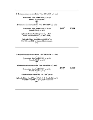 6- Tratamento de sementes: Exion Total (100 ml 100 kg-1 sem)
                             +
        Semeadura: KimCoat LGP(150 kg ha-1)+
                 Solumix 582 (20 kg ha-1)
                           (T5)
                            X
 Tratamento de sementes: Exion Total (100 ml 100 kg-1 sem)
                             +
        Semeadura: KimCoat LGP(150 kg ha-1)+                    0,080ns   0,7804
                 Solumix 582(20 kg ha-1)
                             +
      Aplicação foliar: Nutril Supremo (1,5 L ha-1) +
        Nutril Organo-mineral (1,0 L ha-1) em V3
                             +
       Aplicação foliar: Nutril Flower (2,0 L ha-1) +
      Nutril K-bor (2,0 L ha-1) em pré-florescimento
                          (T6)




7- Tratamento de sementes: Exion Total (100 ml 100 kg-1 sem)
                               +
          Semeadura: KimCoat LGP(150 kg ha-1)+
                   Solumix 582(20 kg ha-1)
                             (T5)
                               X
 Tratamento de sementes: Exion Total (100 ml 100 kg-1 sem)
                               +
                                                                2,943ns   0,1034
          Semeadura: KimCoat LGP(150 kg ha-1)+
                   Solumix 582(20 kg ha-1)
                               +
       Aplicação foliar: Exion Max (2,0 L ha-1) em V3
                               +
Aplicação foliar: Nutril Vigor D.A.00-30-20 Borado(1,5 Lha-1)
      + Nutril Flower (2,0 L ha-1) em pré-florescimento
                             (T7)
 