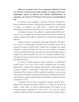 Observa-se no contraste 1 (T1 X T2), a comparação de 300 kg ha-1 de MAP
com 150 kg ha-1 de KimCoat LGP, ambos aplicados na semeadura. Observou-se
produtividade superior do KimCoat LGP, diferindo significativamente da
testemunha, com acréscimo de 773,75 kg ha-1 (12,9 sacas ha-1) na produtividade da
soja.
        No contraste 2 foram comparados os tratamentos 300 kg ha-1 de MAP (T1) e
Exion no tratamento de sementes + KimCoat LGP na semeadura (T3). A produtividade
foi superior no tratamento que recebeu Exion + KimCoat LGP, diferindo
estatisticamente com aumento de 943,25 kg ha-1 (15,7 sacas ha-1) em relação ao MAP.
        O resultado do contraste 3 foi significativo, ocorrendo aumento (893,0 kg ha-1/
14,9 sacas ha-1) na produção de soja quando utilizou Exion Total no tratamento de
sementes, e KimCoat LGP + BR12 na semeadura (T4), comparado com a aplicação de
MAP (T1).
        Também o contraste 4 foi significativo apresentado aumento de 1.383,5 kg ha-1
(23,1 sacas ha-1) na produtividade do tratamento onde foi aplicado Exion Total no
tratamento de sementes e KimCoat LGP + Solumix 582 na semeadura (T5), quando
comparado à aplicação de MAP (T1). Observa-se que o Solumix na semeadura
associado ao KimCoat LGP resultou em elevado acréscimo de produtividade, quando se
compara com o MAP (testemunha), bem como com o tratamento de KimCoat LGP +
tratamento de sementes com Exion. Nota-se que o Solumix resultou efeito significativo
na produtividade da soja.
        O contraste 5 também apresentou aumento significativo na produtividade
(1.602,75 kg ha-1 ou 26,7 sacas a mais), devido ao tratamento Exion nas sementes,
KimCoat LGP + Solumix 582 na semeadura, Nutril Supremo + Nutril Organo-mineral
via foliar no estágio V3 e Nutril Flower + Nutril K-bor também via foliar em pré-
florescimento (T6) em relação ao MAP na semeadura (testemunha). A soja sendo uma
cultura exigente em nutrientes, respondeu significativamente à aplicação foliar de macro
e micronutrientes, segundo o programa nutricional da Kimberlit, resultando em aumento
de produção de 1,6 t ha-1.
        A aplicação de Exion Total no tratamento de sementes, KimCoat LGP +
Solumix 582 na semeadura, Exion Max via foliar em V3 e Nutril Vigor D.A.00-30-20
Borado + Nutril Flower via foliar em pré-florescimento (T7), resultou em um
incremento produtivo significativo de 2.230,5 kg ha-1 (37,2 sacas ha-1), quando
comparado à aplicação de MAP na semeadura (contraste 6). Esse resultado confirma a
 