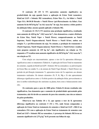 O contraste 20 (T5 X T7) apresentou aumento significativo na
produtividade da soja quando houve a aplicação de Exion Total (sementes),
KimCoat LGP + Solumix 582 (semeadura), Exion Max (V3, via foliar) e Nutril
Vigor D.A. 00-30-20 Borado + Nutril Flower (pré-florescimento via foliar). Esse
aumento foi de 847,0 kg ha-1 ou 14,1 sacas ha-1 de soja. Isso mostra o efeito positivo
da adubação foliar, mesmo quando aplicado o Solumix 582.
        O contraste 21 (T6 X T7) mostrou uma produção significativa, resultando
num aumento de 628 kg ha-1 (10,5 sacas ha-1). Isto demonstrou a maior eficiência
do Exion Max, Nutril Vigor + Nutril Flower, comparativamente ao Nutril
Supremo, Nutril Organo-mineral, Nutril Flower e Nutril K-bor, ambos nos
estágios V3 e pré-florescimento da soja. No entanto, a produção do tratamento 6
(Nutril Supremo, Nutril Organo-mineral, Nutril Flower e Nutril K-bor) resultou
num pequeno aumento de 219 kg ha-1, não significativo em relação ao T5,
enquanto o T7 resultou num aumento significativo de 847,0 kg ha-1 (14,1 sacas ha-1)
em relação ao T5.
        Com relação aos macronutrientes, apenas o teor de Ca apresentou diferenças
significativas entre os tratamentos (Tabela 6). A aplicação de Exion Total no tratamento
de sementes, seguida de KimCoat LGP + Solumix 582 na semeadura e as pulverizações
de Exion Max no estádio V3 e da mistura de Nutril Vigor Borado + Nutril Flower mo
período de pré-floração (tratamento 7), apresentou teores de Ca superiores aos demais
tratamentos realizados. Os demais elementos (N, P, K, Mg e S) não apresentaram
diferenças significativas entre si. O efeito positivo da adubação foliar, provavelmente se
deve à melhor redistribuição dos nutrientes na planta, bem como o balanceamento entre
eles.
        Os contrastes para o peso de 1000 grãos (Tabela 8) deram resultados não
significativos. Isso demonstra que o aumento de produtividade apresentado pelos
tratamentos, não foi devido ao aumento do peso das sementes, mas sim ao número
de grãos produzidos.
        Observa-se nas Tabelas 10 e 11, que apenas o teor de K apresentou
diferença significativa no contraste 5 (T4 x T5), onde foram comparadas a
aplicação de Exion Total no tratamento de sementes e KimCoat LGP + BR-12 na
semeadura (T4) com a aplicação de Exion Total no tratamento de sementes com
KimCoat LGP + Solumix 582 na semeadura. A presença do Solumix 582 levou ao
aumento significativo de 2,75 g kg-1 de K presente nas folhas de soja.
 