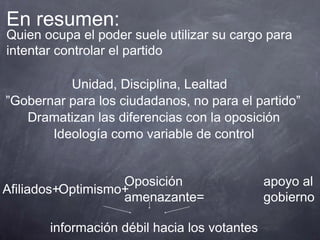 En resumen:
Quien ocupa el poder suele utilizar su cargo para
intentar controlar el partido

          Unidad, Disciplina, Lealtad
”Gobernar para los ciudadanos, no para el partido”
   Dramatizan las diferencias con la oposición
       Ideología como variable de control


                   Oposición                  apoyo al
Afiliados+Optimismo+
                   amenazante=                gobierno

       información débil hacia los votantes
 