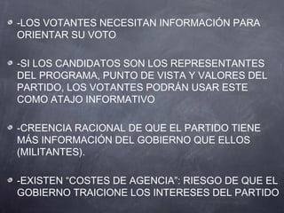 -LOS VOTANTES NECESITAN INFORMACIÓN PARA
ORIENTAR SU VOTO

-SI LOS CANDIDATOS SON LOS REPRESENTANTES
DEL PROGRAMA, PUNTO DE VISTA Y VALORES DEL
PARTIDO, LOS VOTANTES PODRÁN USAR ESTE
COMO ATAJO INFORMATIVO

-CREENCIA RACIONAL DE QUE EL PARTIDO TIENE
MÁS INFORMACIÓN DEL GOBIERNO QUE ELLOS
(MILITANTES).

-EXISTEN “COSTES DE AGENCIA”: RIESGO DE QUE EL
GOBIERNO TRAICIONE LOS INTERESES DEL PARTIDO
 