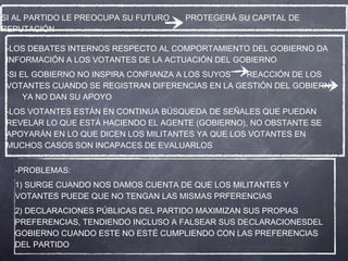 SI AL PARTIDO LE PREOCUPA SU FUTURO   PROTEGERÁ SU CAPITAL DE
REPUTACIÓN

 -LOS DEBATES INTERNOS RESPECTO AL COMPORTAMIENTO DEL GOBIERNO DA
 INFORMACIÓN A LOS VOTANTES DE LA ACTUACIÓN DEL GOBIERNO
 -SI EL GOBIERNO NO INSPIRA CONFIANZA A LOS SUYOS REACCIÓN DE LOS
 VOTANTES CUANDO SE REGISTRAN DIFERENCIAS EN LA GESTIÓN DEL GOBIERNO
      YA NO DAN SU APOYO
 -LOS VOTANTES ESTÁN EN CONTINUA BÚSQUEDA DE SEÑALES QUE PUEDAN
 REVELAR LO QUE ESTÁ HACIENDO EL AGENTE (GOBIERNO), NO OBSTANTE SE
 APOYARÁN EN LO QUE DICEN LOS MILITANTES YA QUE LOS VOTANTES EN
 MUCHOS CASOS SON INCAPACES DE EVALUARLOS


  -PROBLEMAS:
  1) SURGE CUANDO NOS DAMOS CUENTA DE QUE LOS MILITANTES Y
  VOTANTES PUEDE QUE NO TENGAN LAS MISMAS PRFERENCIAS
  2) DECLARACIONES PÚBLICAS DEL PARTIDO MAXIMIZAN SUS PROPIAS
  PREFERENCIAS, TENDIENDO INCLUSO A FALSEAR SUS DECLARACIONESDEL
  GOBIERNO CUANDO ESTE NO ESTÉ CUMPLIENDO CON LAS PREFERENCIAS
  DEL PARTIDO
 