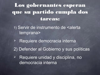 Los gobernantes esperan
que su partido cumpla dos
         tareas:
1) Servirde instrumento de <alerta
    temprana>
   Requiere democracia interna
2) Defender al Gobierno y sus políticas
   Requiere unidad y disciplina, no
    democracia interna
 