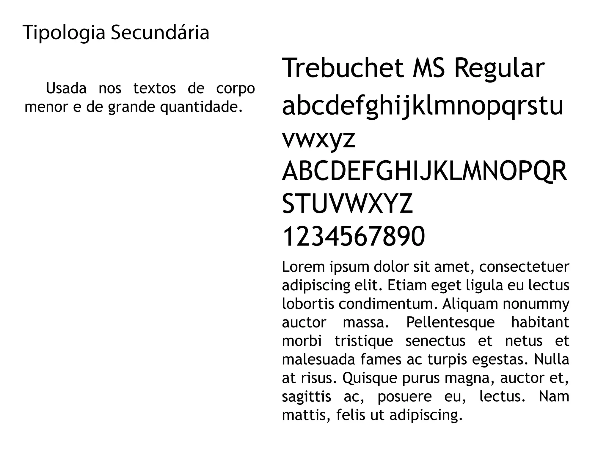 TipologiaSecundária
Usada nos textos de corpo
menoredegrandequantidade.
TrebuchetMSRegular
abcdefghijklmnopqrstu
vwxyz
ABCDEFGHIJKLMNOPQR
STUVWXYZ
1234567890
LoremLoremipsumdolorsitamet,consectetuer
adipiscingelit.Etiamegetligulaeulectus
lobortiscondimentum.Aliquamnonummy
auctor massa. Pellentesque habitant
morbitristique senectus et netus et
malesuadafamesacturpisegestas.Nulla
atrisus.Quisquepurusmagna,auctoret,
sagittissagittis ac, posuere eu, lectus. Nam
mattis,felisutadipiscing.
 