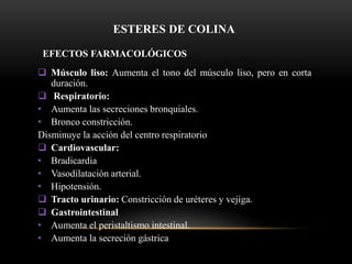 ESTERES DE COLINA
EFECTOS FARMACOLÓGICOS
 Músculo liso: Aumenta el tono del músculo liso, pero en corta
duración.
 Respiratorio:
• Aumenta las secreciones bronquiales.
• Bronco constricción.
Disminuye la acción del centro respiratorio
 Cardiovascular:
• Bradicardia
• Vasodilatación arterial.
• Hipotensión.
 Tracto urinario: Constricción de uréteres y vejiga.
 Gastrointestinal
• Aumenta el peristaltismo intestinal.
• Aumenta la secreción gástrica
 