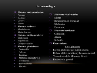 Farmacosología
 Síntomas gastrointestinales:
• Náuseas
• Vómitos
• Cólicos
• Diarrea
 Síntomas oculares :
• Miosis intensa
• Visión borrosa
 Síntomas cardiovasculares:
• Bradicardia
• Hipotensión
• Colapso vascular
 Síntomas glandulares :
• Sudoración
• Saliveo
• Lagrimeo
 Síntomas musculares :
• Contractura
• Fasiculaciones
• Flacidez.
 Síntomas respiratorios
• Disnea
• Hipersecreción bronquial
• Sibilancias
• Estertores.
 Síntomas nerviosos:
• Confusión
• Ataxia
• Sedación
 Usos clínicos:
En el glaucoma
• Facilita el drenaje del humor acuoso.
• Reduce el íleo paralítico y la atonía vesical
• Tratamiento de la Miastenia Gravis
• En anestesia general
 
