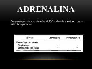 ADRENALINA
Compuesto polar incapaz de entrar al SNC, a dosis terapéuticas no es un
estimulante poderoso.
 