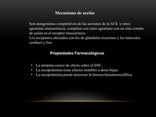 Mecanismo de acción
Son antagonistas competitivos de las acciones de la ACh y otros
agonistas muscarínicos; compiten con estos agonistas con un sitio común
de unión en el receptor muscarínico.
Los receptores afectados son los de glándulas exocrinas y los músculos
cardíaco y liso
Propiedades Farmacológicas
• La atropina carece de efecto sobre el SNC.
• La escopolamina tiene efectos notables a dosis bajas.
• La escopolamina puede atravesar la barrera hematoencefálica.
 
