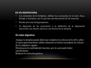 EN VÍA RESPIRATORIA
• Los alcaloides de la belladona, inhiben las secreciones de la nariz, boca,
faringe y bronquios, por lo que hay una desecación de las mucosas.
• Pueden prevenir laringoespasmo.
• La depresión de las secreciones y la inhibición de la depuración
mucociliar son afectos adversos son efectos de la atropina
En tubo digestivo
Aunque la atropina puede abolir por completo los efectos de la ACh, sobre
el tracto gastrointestinal, inhibe solamente en forma incompleta los efectos
de los impulsos vagales.
Disminuyen la motilidad del intestino, por lo cual puede haber
estreñimiento.
Reducen la secreción gasticra.
 