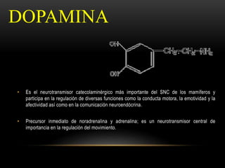 DOPAMINA
• Es el neurotransmisor catecolaminérgico más importante del SNC de los mamíferos y
participa en la regulación de diversas funciones como la conducta motora, la emotividad y la
afectividad así como en la comunicación neuroendócrina.
• Precursor inmediato de noradrenalina y adrenalina; es un neurotransmisor central de
importancia en la regulación del movimiento.
 