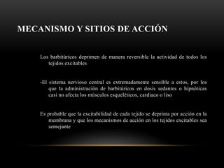 MECANISMO Y SITIOS DE ACCIÓN
Los barbitúricos deprimen de manera reversible la actividad de todos los
tejidos excitables
-El sistema nervioso central es extremadamente sensible a estos, por los
que la administración de barbitúricos en dosis sedantes o hipnóticas
casi no afecta los músculos esqueléticos, cardiaco o liso
Es probable que la excitabilidad de cada tejido se deprima por acción en la
membrana y que los mecanismos de acción en los tejidos excitables sea
semejante
 