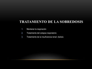 TRATAMIENTO DE LA SOBREDOSIS
1. Mantener la respiración
2. Tratamiento del colapso respiratorio
3. Tratamiento de la insuficiencia renal: dialisis
 