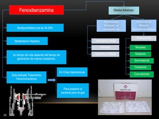 29
Fenoxibenzamina
Esta indicado Tratamiento
Fecocromacitoma
Biodiponibilidad oral de 30-30%
Metabolismo Hepatico
Su tiempo de vida depende del tiempo de
generacion de nuevos receptores.
Efectos Adversos:
Hipotension
Postural, se
acompaña de
Taquicardia refleja
Arritmias
Isquemia cardiaca
Atraveisa la
Barrera
hematoencefalica
En Crisis hipertensivas
Para preparar al
paciente para cirugia
Produciendo
Nauseas
Sedacion
Somnolencia
Cansancio
Convulsiones
 