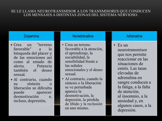 SE LE LLAMA NEUROTRANSMISOR A LOS TRANSMISORES QUE CONDUCEN
LOS MENSAJES A DISTINTAS ZONAS DEL SISTEMA NERVIOSO.
Dopamina
• Crea un "terreno
favorable“ a la
búsqueda del placer y
de las emociones así
como al estado de
alerta. Potencia
también el deseo
sexual.
• Al contrario, cuando
su síntesis o
liberación se dificulta
puede aparecer
desmotivación e,
incluso, depresión.
Noradrenalina
• Crea un terreno
favorable a la atención,
el aprendizaje, la
sociabilidad, la
sensibilidad frente a
las señales
emocionales y el deseo
sexual.
• Al contrario, cuando la
síntesis o la liberación
se ve perturbada
aparece la
desmotivación, la
depresión, la pérdida
de libido y la reclusión
en uno mismo.
Adrenalina
• Es un
neurotransmisor
que nos permite
reaccionar en las
situaciones de
estrés. Las tasas
elevadas de
adrenalina en
sangre conducen a
la fatiga, a la falta
de atención,
al insomnio, a la
ansiedad y, en
algunos casos, a la
depresión.
 