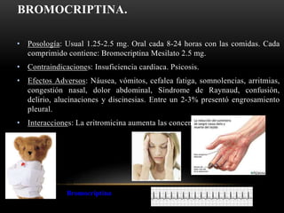 BROMOCRIPTINA.
• Posología: Usual 1.25-2.5 mg. Oral cada 8-24 horas con las comidas. Cada
comprimido contiene: Bromocriptina Mesilato 2.5 mg.
• Contraindicaciones: Insuficiencia cardíaca. Psicosis.
• Efectos Adversos: Náusea, vómitos, cefalea fatiga, somnolencias, arritmias,
congestión nasal, dolor abdominal, Síndrome de Raynaud, confusión,
delirio, alucinaciones y discinesias. Entre un 2-3% presentó engrosamiento
pleural.
• Interacciones: La eritromicina aumenta las concentraciones plasmáticas.
Bromocriptina
 