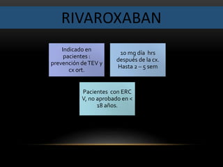 RIVAROXABAN
Indicado en
pacientes :
prevención deTEV y
cx ort.
10 mg día hrs
después de la cx.
Hasta 2 – 5 sem
Pacientes con ERC
V, no aprobado en <
18 años.
 