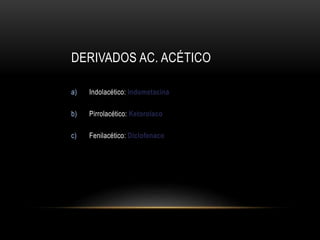 DERIVADOS AC. ACÉTICO
a) Indolacético: Indometacina
b) Pirrolacético: Ketorolaco
c) Fenilacético: Diclofenaco
 