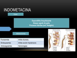 INDOMETACINA
Furosemida Inhibe diuresis.
B-bloqueantes Inhibe acción hipotensora
Anticoagulantes Hemorragias
Espondilitis Anquilosante
Ataque agudo de gota.
Procesos febriles (enf. Hodgkin)
Interacciones
Usos:
 