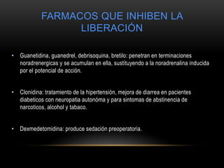 FARMACOS QUE INHIBEN LA
LIBERACIÓN
• Guanetidina, guanedrel, debrisoquina, bretilo: penetran en terminaciones
noradrenergicas y se acumulan en ella, sustituyendo a la noradrenalina inducida
por el potencial de acción.
• Clonidina: tratamiento de la hipertensión, mejora de diarrea en pacientes
diabeticos con neuropatia autonóma y para sintomas de abstinencia de
narcoticos, alcohol y tabaco.
• Dexmedetomidina: produce sedación preoperatoria.
 