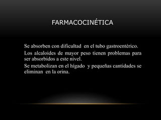FARMACOCINÉTICA
Se absorben con dificultad en el tubo gastroentérico.
Los alcaloides de mayor peso tienen problemas para
ser absorbidos a este nivel.
Se metabolizan en el hígado y pequeñas cantidades se
eliminan en la orina.
 