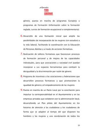 29
género, puesta en marcha de programas Europeos y
programas de Formación (Información sobre la formación
reglada, cursos de formación ocupacional o complementaria):
6. Desarrollo de una formación inicial que amplíe las
posibilidades de incorporación de las mujeres (sin estudios) a
la vida laboral, facilitando la coordinación con la Educación
de Personas Adultas y a través de acciones formativas.
7. Realización de talleres formativos que favorezcan procesos
de formación personal y de mejora de las capacidades
individuales, para que asociaciones y sociedad civil puedan
incorporar a sus espacios herramientas para combatir la
desigualdad y la discriminación por razón de género.
8. Programa de incentivos a las asociaciones y federaciones que
desarrollen procesos formativos y que promocionen la
igualdad de género y el empoderamiento de las mujeres
9. Puesta en marcha de un Pacto Local por la conciliación para
impulsar la corresponsabilidad en el Ayuntamiento y en las
empresas privadas que colaboren con la administración local,
desarrollando un Plan piloto del Ayuntamiento en los
horarios de atención a las ciudadanas y los ciudadanos de
forma que se adapten al tiempo del que disponen los
hombres y las mujeres y una reordenación de todos los
 