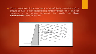  Como consecuencia de lo anterior: la superficie de rotura formará un
ángulo de π/2 – φ con respecto a la tensión vertical y π/4 – φ/2 con
respecto a la tensión horizontal. La familia de líneas
características serán tal que así:
 